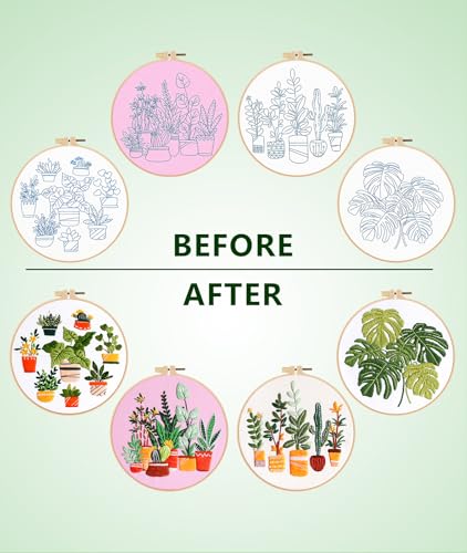 Irosiy 4 Pack Embroidery Kit for Beginners - 4 Cute Plant Pot Patterns, All-Inclusive Starter Set with Pre-Printed Canvas, Hoops - Handmade Home Decor Gift for DIY Craft Lovers Irosiy
