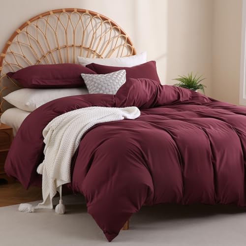 JSD Burgundy Duvet Cover Set Queen Size, 3 Piece Duvet Cover with Pillow Shams, Soft Brushed Microfiber Zipper Closure, Comforter Not Included JSD