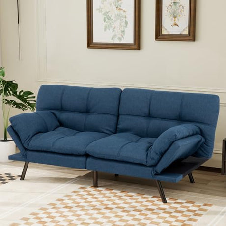 MUUEGM Futon Sofa Bed Convertible Couch,Memory Foam Futon Sofa Couch,Sleeper Futons Sofa Couches,Small Splitback Modern Loveseat Sofa Bed for Living Room,Office,Apartment,Linen Fabric,Blue. MUUEGM