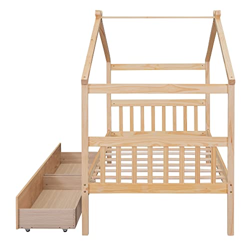 Merax Natural Twin Size Wooden House Bed with Two Storage Drawers for Kids and Teens Merax