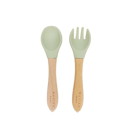 NaziraBaby Baby Self Feeding All Natural Beech Wood Fork and Spoon Set - BPA Free, Toddler Tableware, Suitable For Stage 1 Babies - Soft Curved Food Grade Silicone Head (Magic Mint) NAZIRABABY