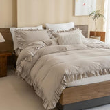 QSH Washed Cotton Queen Duvet Cover Set Ruffle Duvet Cover Linen Textured Farmhouse Shabby Vintage Chic Bedding Comforter Cover 3 PCs Aesthetic French Country Queen Bed Set QSH