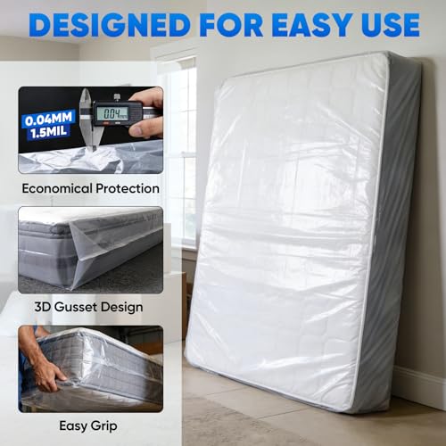 TICONN 2PK Plastic Mattress Bag for Moving Storage, Waterproof Mattress Protector Cover, Heavy-Duty Mattress Moving Supplies (1.5 mil, Full) TICONN