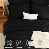 CozyLux Queen Comforter Set Black - 7 Pieces Striped Seersucker Bed in a Bag, Soft Lightweight Boho Bedding Set with All Season Comforters Queen Size, Sheets, Pillowcases & Shams CozyLux