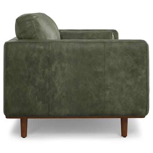 SIMPLIHOME Morrison 89-inch Wide Sofa in Moss Green Genuine Leather, Mid-Century Modern Design Couch for Living Room, Single Bench Cushion, 2 Back Cushions, 2 Bolster Pillows SIMPLIHOME