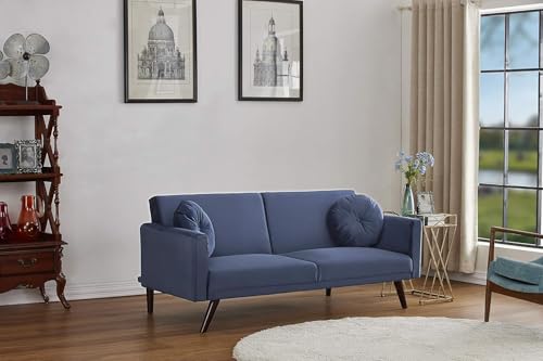Container Furniture Direct 72" Retro Velvet Sofa Bed - Vintage Modern Convertible Futon w/Reclining Backrest - Velvet Upholstery on Solid Wood Frame (72" L x 34.6" W x 30.23" H), Dark Blue Container Furniture Direct