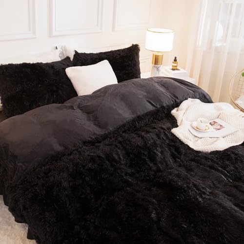 Andency Queen Comforter Set Black, Fluffy Winter Faux Fur Warm Soft Plush Bedding Comforter Set (1 Velvet Comforter & 2 Pillowcases), Fuzzy Thick Heavy Puffy Comforters Bed Set Andency