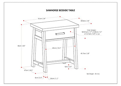 SIMPLIHOME Sawhorse SOLID WOOD 24 Inch Wide Modern Industrial Bedside Nightstand Table in Distressed Grey, For the Living Room and Bedroom - WoodArtSupply