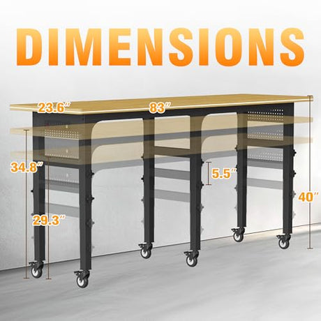 TITIMO 83" Adjustable Workbench, Work Benches for Garage with Pegboard, 3000 LBS Heavy Duty Rubber Wood Tabletop with Power Outlet, Rolling Work Table with Wheels for Workshop, Office (83" x 23.6") TITIMO