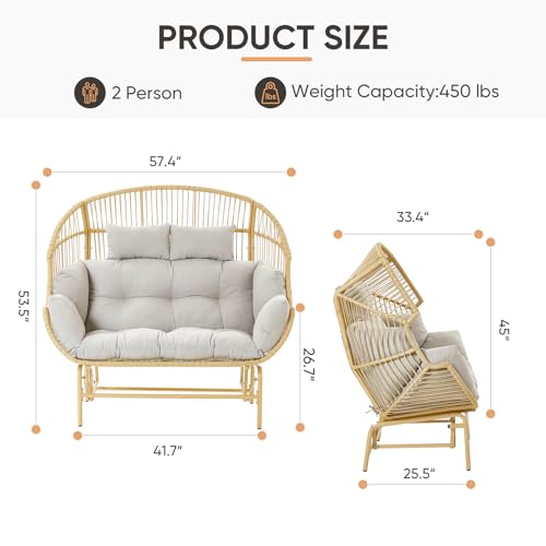 Patio Chairs Outdoor Egg Chair - 2 Person Wicker Rocking Glider Chair Rattan Patio Lounge Rocker Chairs with Cushion and Pillow for Outside Porch Deck Backyard Garden(Yellow/Beige) Pugire