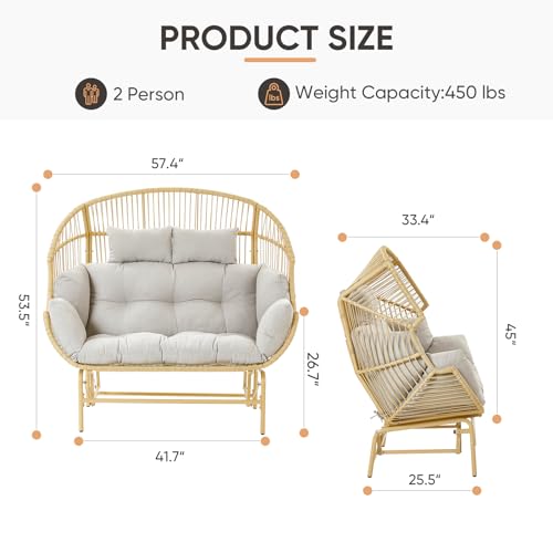 Patio Chairs Outdoor Egg Chair - 2 Person Wicker Rocking Glider Chair Rattan Patio Lounge Rocker Chairs with Cushion and Pillow for Outside Porch Deck Backyard Garden(Yellow/Beige)