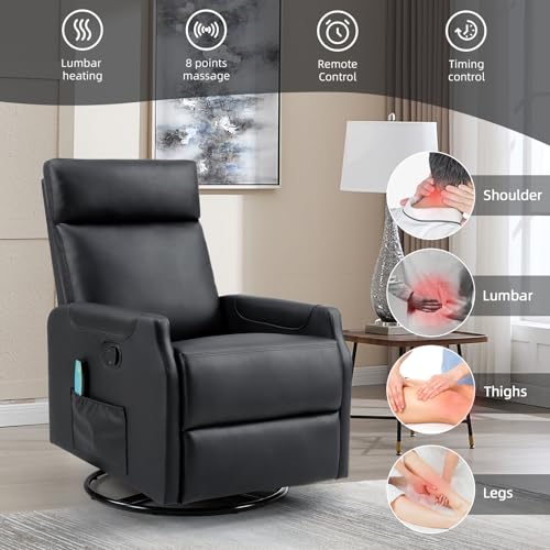 CANMOV Manual Swivel Rocker Recliner Chair, Overstuffed Rocking Chair Glider Recliner for Nursing, Ergonomic Rocker Chair with Vibration Massage & Heat, Reclining Chair for Living Room, (Black)