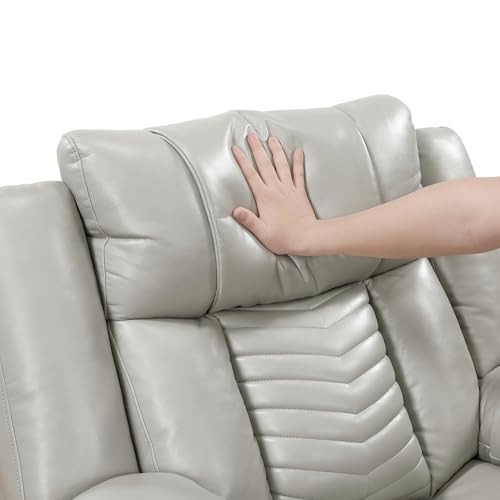 Lexicon Wall Hugger Power Double Reclining Sofa with Center Drop-Down Table, Faux Leather Home Theater Seating with LED Lighting/USB Charging Ports/Wireless Charger/Cup Holders, Magazine Pocket, Gray Lexicon