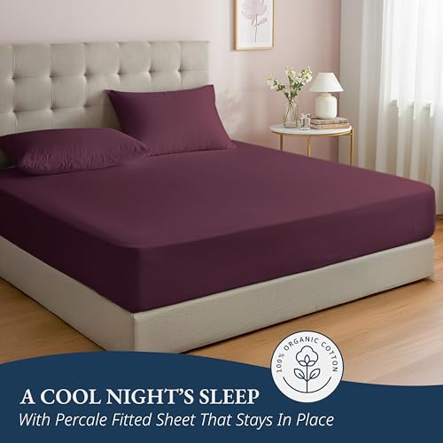 LANE LINEN Queen Size Fitted Sheet, 3-Piece Set (1 Fitted Sheet, 2 Pillowcases), 100% Organic Cotton, Percale Weave, Soft & Breathable, Fits Mattress Upto 15" Deep - Windsor Wine (No Flat Sheet) LANE LINEN