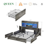 AMERLIFE Queen Bed Frame with 4 Storage Drawers, LED Bed Frame with 49“ Tall Bookcase Headboard, Wood Platform Bed with Charging Station & 2 Slide Bedside Shelf, No Box Spring Needed/Rustic Grey AMERLIFE