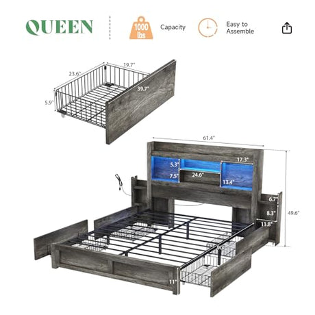 AMERLIFE Queen Bed Frame with 4 Storage Drawers, LED Bed Frame with 49“ Tall Bookcase Headboard, Wood Platform Bed with Charging Station & 2 Slide Bedside Shelf, No Box Spring Needed/Rustic Grey AMERLIFE
