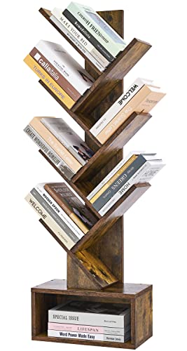 Hoctieon Rustic Brown 6-Tier Tree Bookshelf with Drawer - Stylish Freestanding Storage Solution for Home & Office - WoodArtSupply