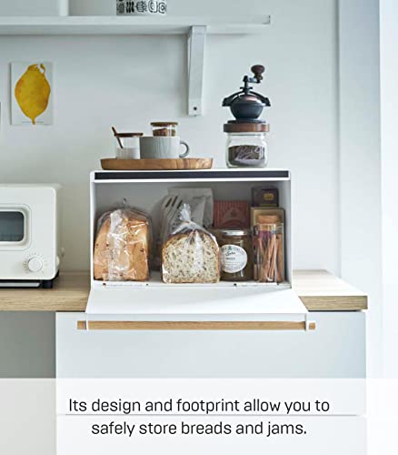 Yamazaki Home Bread Box Keeper Holder Container, Metal Bread Holder Saver, Slim Space Saving Counter Storage Steel + WoodWhite YAMAZAKI