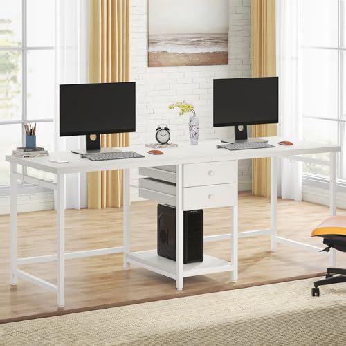 Tribesigns 79 Inch Extra Long Desk, Double Desk with 2 Drawers, Two Person Desk Long Computer Desk with Storage Shelves, Writing Table Study Desk for Home Office, White - WoodArtSupply