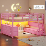 Dnxao Low Loft Bed Full Size with Desk,Full Bed Frame with 9 Storage Drawers, Kids Loft Bed with 15.8" H Safety Guardrail,Sofa,LED Lights & Charging Station,Spave Saving,Pink Dnxao