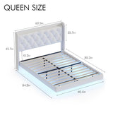 Queen Size Halitaa Floating Bed Frame with LED Lights & Upholstered Button Tufted Headboard - No Box Spring Needed, White Halitaa