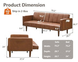 Garvee Modern Futon Sofa Bed, Convertible 75" Sleeper with Adjustable Backrest & Side Pockets, Mid-Century Brown PU Leather Garvee
