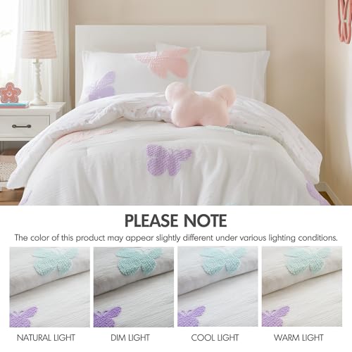 Intelligent Design Kids Rio Twin Comforter Set – Girls’ Reversible Tufted Chenille Bedding with Pastel Purple Butterflies and Pink Dot, 3pcs Intelligent Design