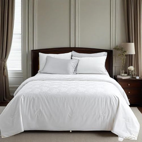 Simple&Opulence 100% Long-Strand Silk Comforter Full-78”x86”, Tussah Silk Weight 1.87 LBS Breathable Jacquard Duvet Insert with Cotton Cover Quilt for Spring/Summer/Fall Premium Bedding, Creme Simple&Opulence
