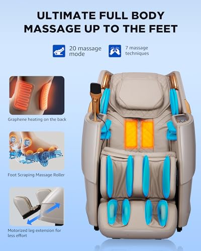 CareTech Oversize 4D Massage Chair Full Body Zero Gravity Massage Recliner Chair SL Track Motorized Extension Calf Kneading Massage Yoga Stretch Back Heating 20 Modes Space Saving AI Control Ivory CareTech
