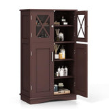 Tangkula Bathroom Storage Cabinet, Freestanding Floor Cabinet w/2 Glass Doors, 3-Level Adjustable Shelves, Anti-toppling Design, Kitchen Pantry Cupboard for Bathroom Living Room (Cabinet, Brown) Tangkula