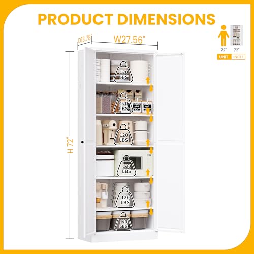 Reegangfa 72" Metal Storage Cabinet, Large Capacity Pantry Cabinet with 6-Tier, Kitchen Storage Cabinet with 2 Doors and 5 Adjustable Shelves for Home, Kitchen, Dining, Living Room (White) Reegangfa