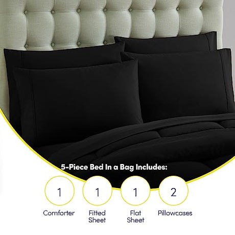 Sweet Home Collection 5 Piece Comforter Set Bag Solid Color All Season Soft Down Alternative Blanket & Luxurious Microfiber Bed Sheets, Black, Twin Sweet Home Collection