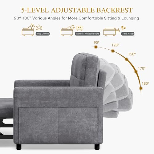 DWVO 55" Convertible Sofa Bed, 3-in-1 Sleeper Sofa with Pull-Out Couch, Velvet Futon Couch with Adjustable Backrest and USB, Modern Loveseat for Living Room Apartment, Light Grey DWVO