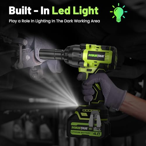Robustrue 1000N.m(740ft-lbs) Cordless Impact Wrench, High Torque Brushless 1/2 Impact Gun, 21V 2 x4.0Ah Battery, Fast Charger, 4 Sockets, Pistola De Impacto for Home Car Tires Truck Mover Robustrue