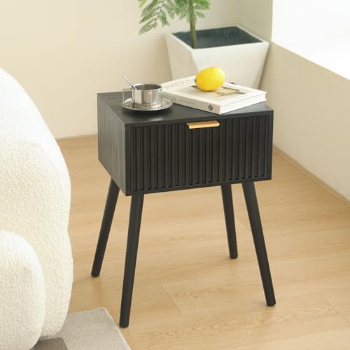 AWASEN Black Nightstand, Small End Tables Living Room, Accent Bedside Table with Fluted Drawer for Bedroom and Small Space, Black AWASEN