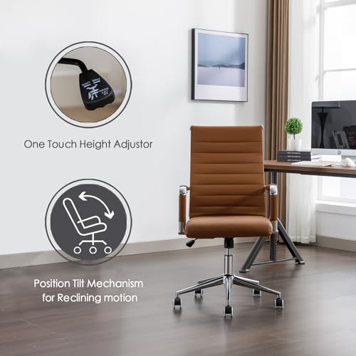 Office Desk Chair Leather, Conference Room Chairs with Wheels, Executive Modern High Back Ergonomic Swivel Rolling Ribbed Computer Chair(Brown) BoisKom