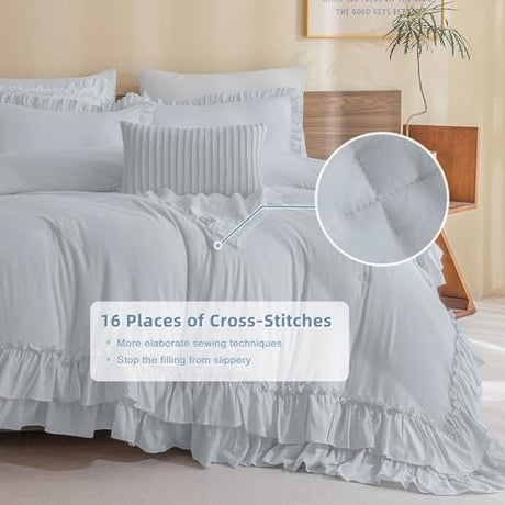 Masaca Ruffled Comforter Set for Queen Bed,3 Pieces Vintage Farmhouse Shabby Bedding Set Lightweight Ultra Soft French Country Bedding (1 Cornflower Blue Comforter +2 Pillowcases) Masaca