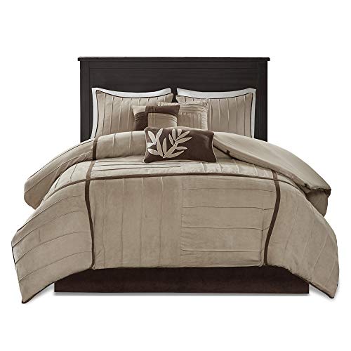 Madison Park Cozy Comforter Set Casual Blocks Design All Season, Matching Bed Skirt, Decorative Pillows, King(104"x92"), Dune Suede, Beige Brown, 7 Piece Madison Park