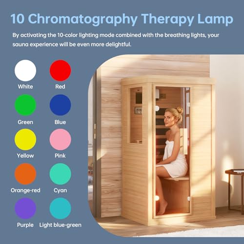 SunSwell Wood Infrared Sauna, 1 Person Traditional Red Light Sauna, Canadian Hemlock Indoor Dry Sauna Spa Room for Low EMF with Bluetooth Speakers and Control Panel, 32.67"x 27.55"x 59.44" SunSwell