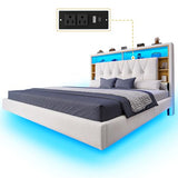 YITAHOME Queen Size Floating Bed Frame with RGB LED Lights, Bookcase Storage Headboard Beds with Charging Station, Upholstered Platform with Heavy Duty Wood Slat, No Box Spring Needed, Beige YITAHOME