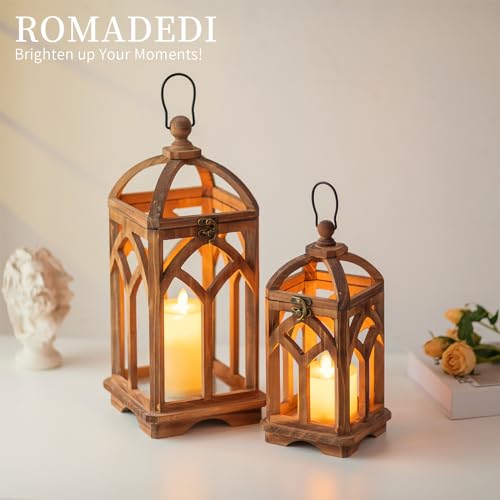 Romadedi Farmhouse Candle Lantern Wooden - 12" / 16" Set of 2 Decorative Rustic Wood Candle Holder Home Decor Decoration Wedding Table Centerpiece, Brown Romadedi