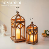 Romadedi Farmhouse Candle Lantern Wooden - 12" / 16" Set of 2 Decorative Rustic Wood Candle Holder Home Decor Decoration Wedding Table Centerpiece, Brown Romadedi