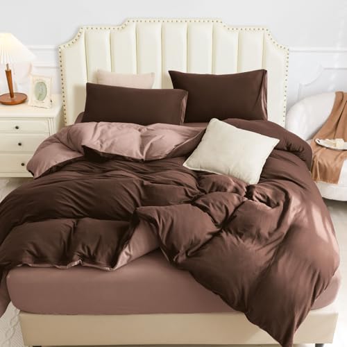 PURE ERA Jersey Knit Duvet Cover Set 100% T-Shirt Cotton Super Soft Comfy 3pc Bedding Set with Zipper Closure (Petal Pink/Dark Brown, Queen, 90"X90") PURE ERA