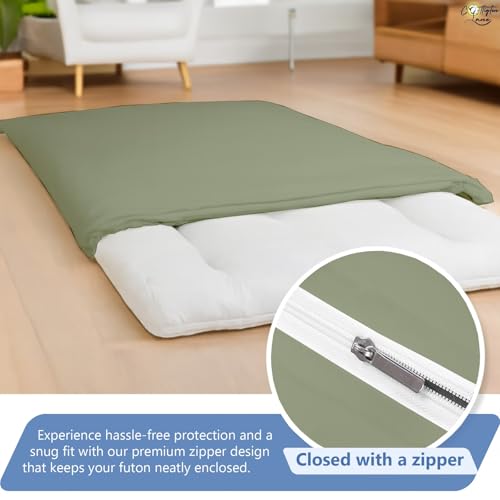 Cottington Lane Traditional Japanese Shikibuton Futon Cover, King Size Premium Cotton Zippered Floor Mattress Slipcover, Soft Durable, Ideal for Dorm Rooms, Guest Rooms, Sage Cottington Lane
