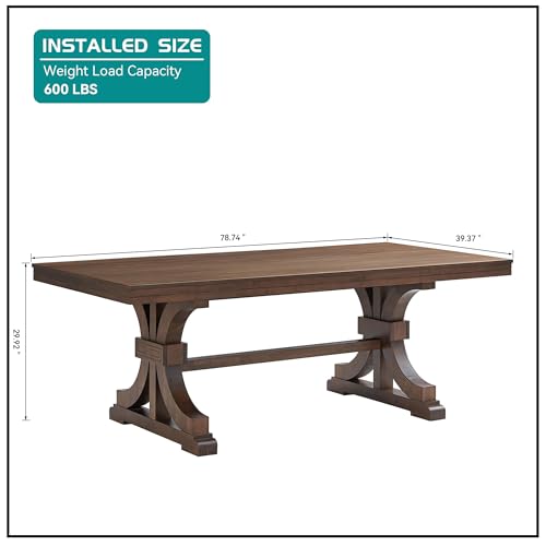 kevinplus 78.74'' Rectangular Wood Dining Table Kitchen Table for 6-8, Modern Mid-Century Retro Style Rubber Wood Metarial for Dining Room Trestle Pedestal Base, Dark Oak kevinplus