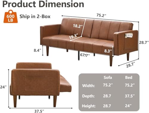 GOCAPTAIN 75" Convertible Futon Sofa Bed, Mid-Century Modern PU Leather Couch with Adjustable Backrest, Sleeper Loveseat with Side Pockets, Easy Assembly for Living Room & Guest Room (Brown) GOCAPTAIN