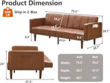 GOCAPTAIN 75" Convertible Futon Sofa Bed, Mid-Century Modern PU Leather Couch with Adjustable Backrest, Sleeper Loveseat with Side Pockets, Easy Assembly for Living Room & Guest Room (Brown) GOCAPTAIN