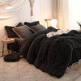 HAIHUA Plush Black Comforter Cover Queen Set, Soft Faux Fur Fluffy Black Bedding Queen Set 3 Pieces (1 Fuzzy Duvet Cover + 2 Furry Pillow Cases) Shaggy Bed Set, Zipper Closure HAIHUA