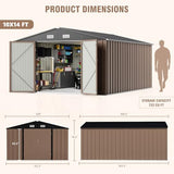Greesum 10×14 FT Outdoor Storage Shed, Metal Storaged Sheds Without Floor, Tool Sheds with Lockable Doors and Sloping Roof for Garden, Patio, Backyard, Brown Greesum