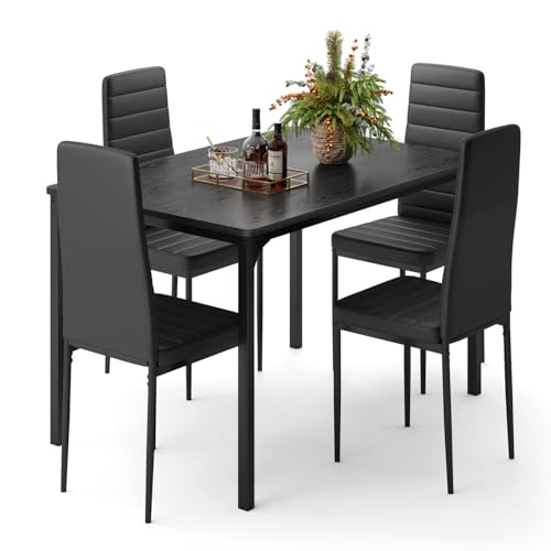 Gizoon Dining Table Set for 4, Kitchen Table Chairs Set of 4, 5 Piece Kitchen Table Set with 4 Upholstered PU Leather Chairs for Dining Room, Living Room, Apartment, Small Space, Black Gizoon